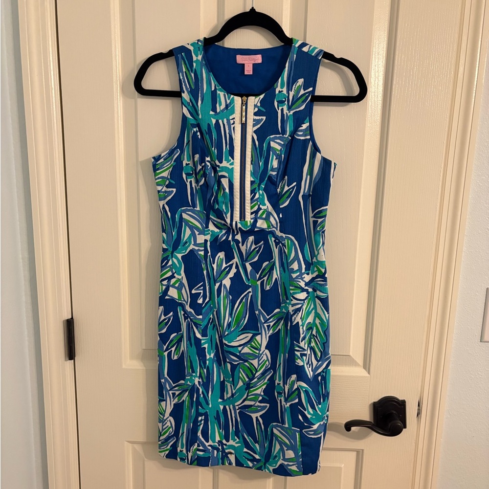 Lilly Pulitzer Penelope Blue Crush Bamboom Zip Cut Out Shift Dress Size 0 EUC